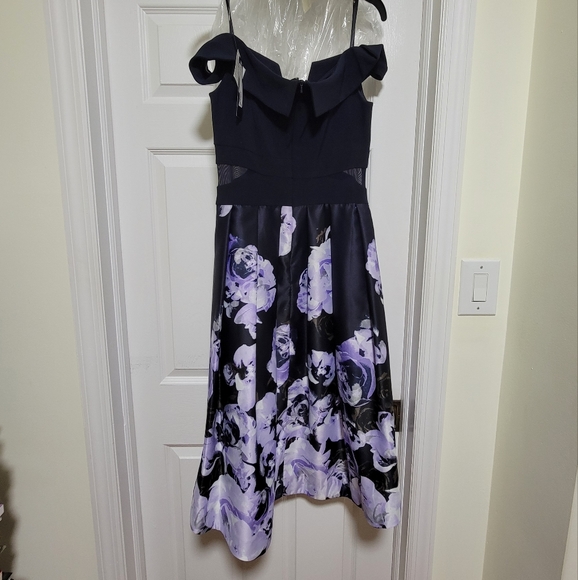 XSCAPE Off-The-Shoulder Floral Skirt Dark Blue and Purple High Low Dress sz 10 - Picture 1 of 11